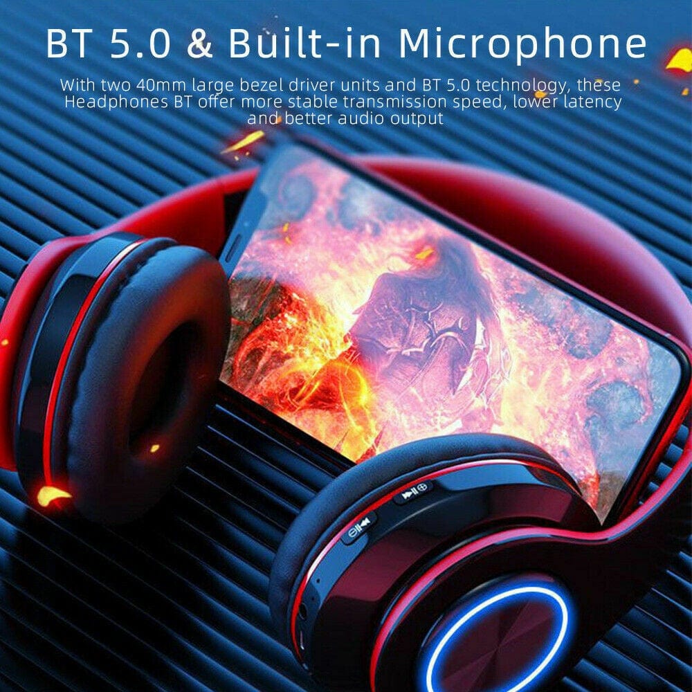 Black Wireless Gaming Headphones Bluetooth 5.0 RGB LED Light